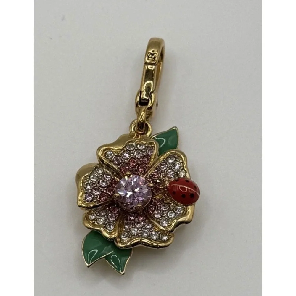 Juicy Couture Pink Pavé Crystal Flower Charm Lady Bug Gold Plated Signed - Picture 1 of 3
